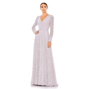 MAC DUGGAL Lavendar long lace beaded formal gown maxi dress v-neck 10 $798